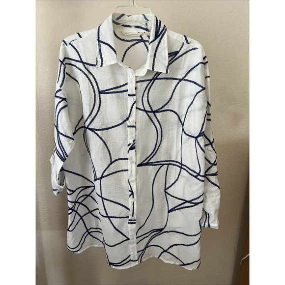 Soft Surroundings Tops - Soft Surroundings white and blue streak top Button Down Tunic blouse Large